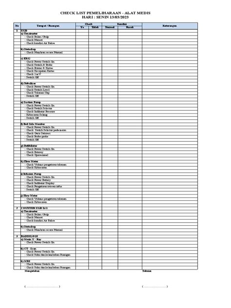 Check List Pemeliharaan Alat Medis Pdf