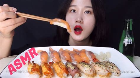 생연어초밥 And 새우구이초밥 불닭마요맛 갈릭치즈맛 리얼사운드 먹방 Salmon Shrimp Sushi Eating Real