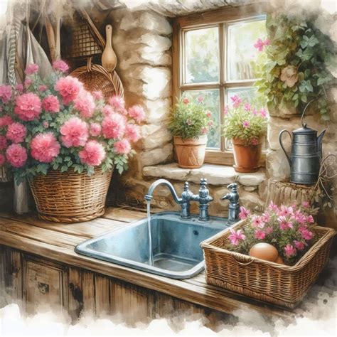 Pin On Pinturas In 2024 Country Sink Pink Flowers Shabby Decor