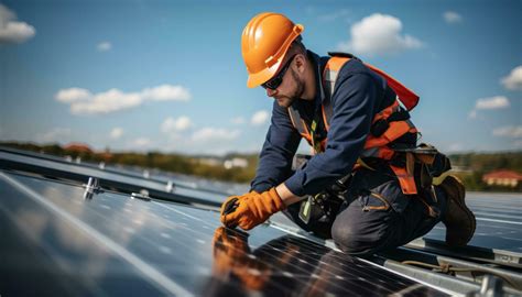 Technician installing solar panels on rooftop roof 29213482 Stock Photo ...