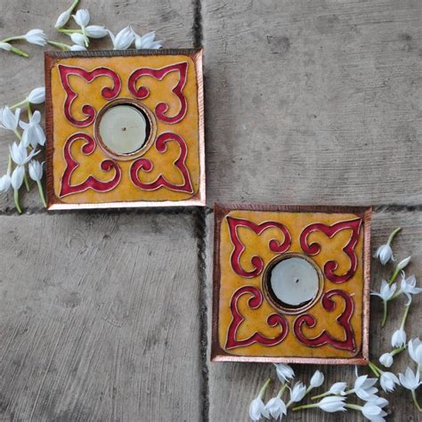 Copper Enamel Square Rangoli Tealight Holders I Set Of 2 Zwende