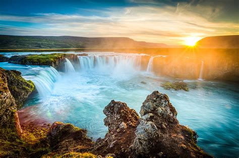 HD wallpaper: waterfalls wallpaper, the sun, dawn, Iceland, Godafoss ...