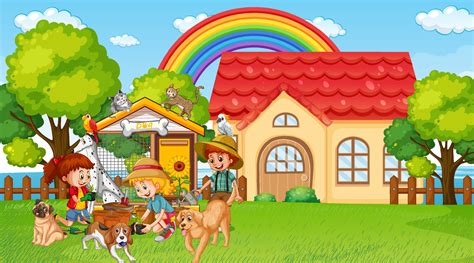 Park scene with children playing with their animals 4558419 Vector Art at Vecteezy