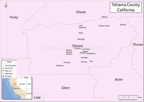 Map of Tehama County, California showing cities, highways & important ...