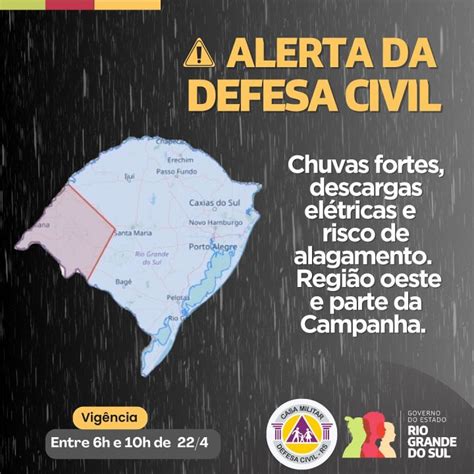 Defesa Civil alerta para risco de temporais no RS nas próximas horas