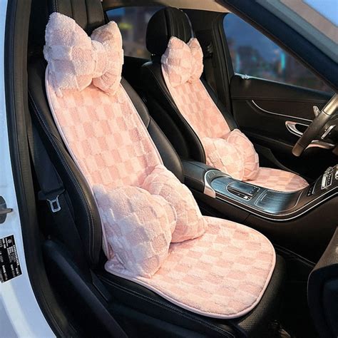 Pink Fluffy Car Seat Covers Set Cute Car Accessories For Women Car Cushions Auto Interior