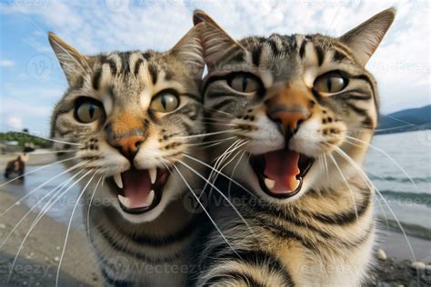 Two funny cats take a selfie on the beach. Humor. Created using ...