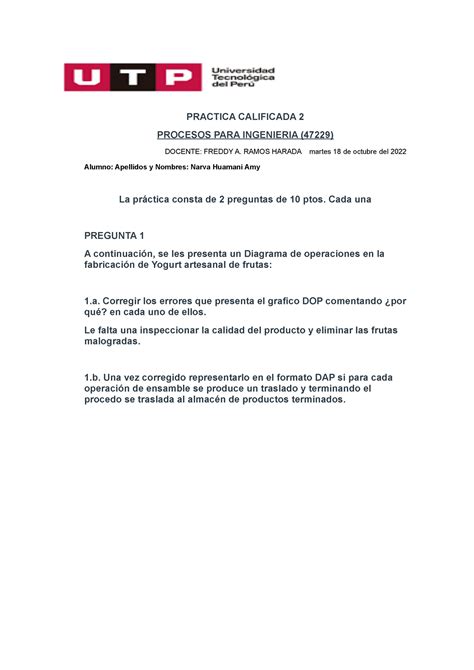 Practica 2 Procesos De Ingenieria PRACTICA CALIFICADA 2 PROCESOS PARA