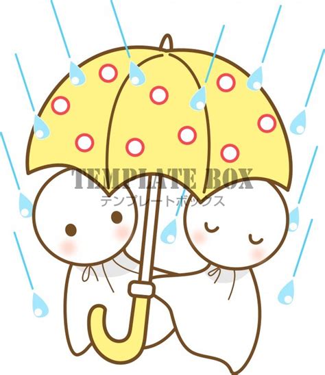 6月のイメージのワンポイントイラスト、梅雨、傘、雨、傘をさして雨宿りをするペアのてるてる坊主 無料イラスト素材｜templatebox