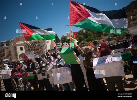 Los Manifestantes Que Llevan Máscaras Sostienen Pancartas Y Banderas Palestinas Mientras