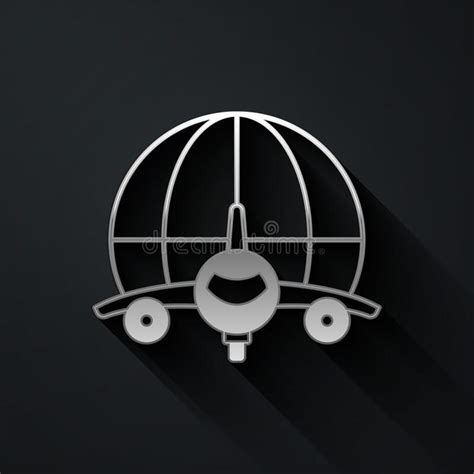 Silver Globe With Flying Plane Icon Isolated On Black Background