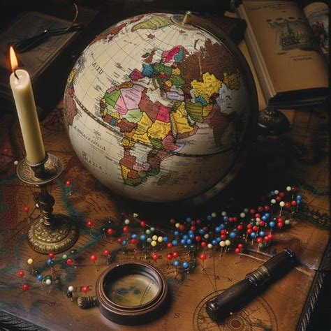 vintage explorer setup photo globe map candle