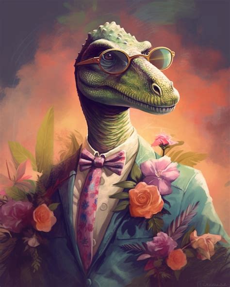 Premium Ai Image Painting Of A Dinosaur Wearing A Suit And Tie With