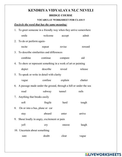 Vocabulary Online Exercise For Grade 5 Live Worksheets Worksheets Library