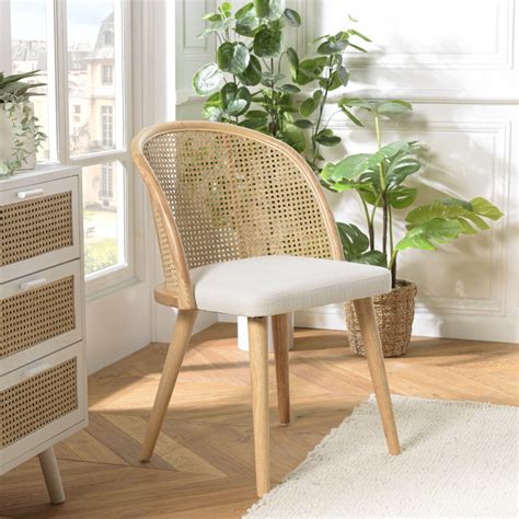 Albane Chaise Bois Dh V A Assise Tissu Blanc Dossier Arrondi Rotin