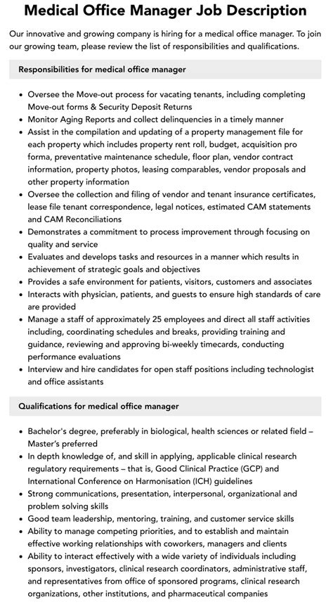 Medical Office Manager Job Description Velvet Jobs