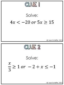 Solving Compound Inequalities Clue Mystery Task Cards Activity TPT