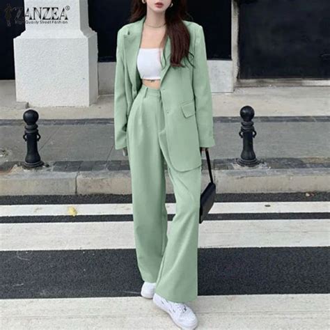 Zanzea Korean Style Women Fashion 2pcs Elegant Suits Long Sleeve Blazer Solid Loose Ol Work