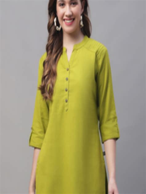 Buy Pistaa Mandarin Collar Roll Up Sleeves Pure Cotton Kurti Kurtis