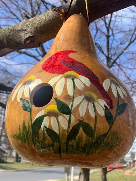 Gourd Birdhouse Hand Painted Red Cardinal Gourdbirdhouse Garden Art