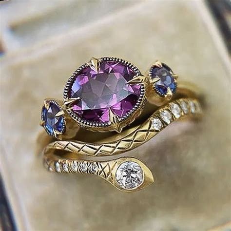 Huitan Punk Snake Set Rings For Women With Charming Purple Oval Cubic