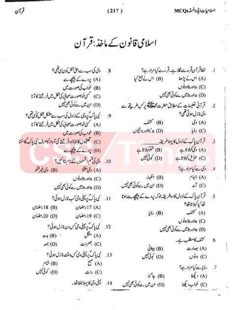 Islamiyat Mcqs For Css Pms Pcs Nts Fpsc Source Of Islamic Law