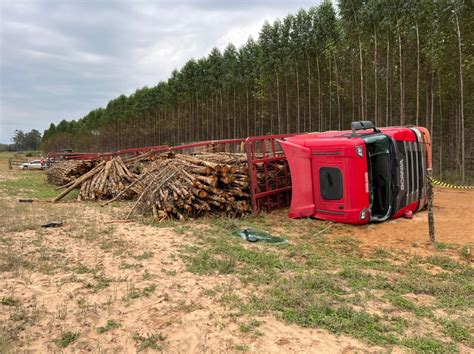 Caminhão carregado toras de eucalipto tomba em zona rural de