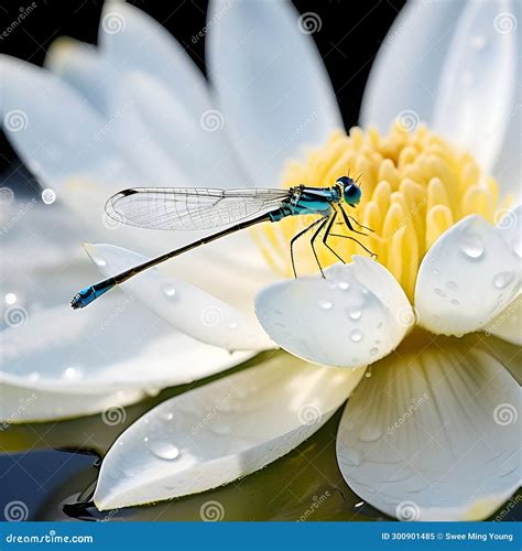 The Odonata Species Insects Perching on the Wet Colorful Lotus Flower