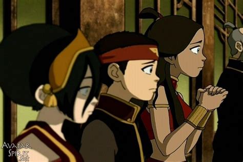 Avatar Aang in disguise, Katara, and Toph Beifong watching Sokka fight ...