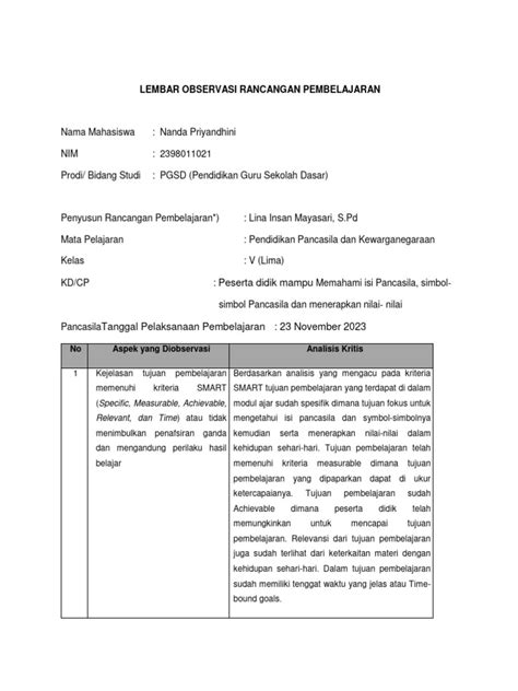 Lampiran 4 Lk 3 Contoh Format Lembar Observasi Rancangan Pembelajaran