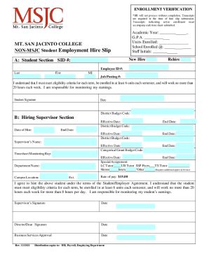 Fillable Online SWP Non MSJC Student Employment Hire Slip Fax Email