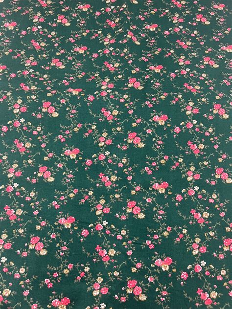 Forest Green Pink Floral Cotton Material Fabric Etsy