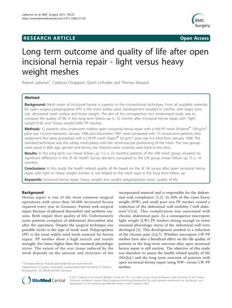 Pdf Long Term Outcome And Quality Of Life After Open Incisional