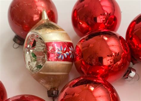 Vintage Red Glass Ornaments Mixed Lot Of 37 Red Silver Tone Christmas Tree Decor Shiny Brite Usa