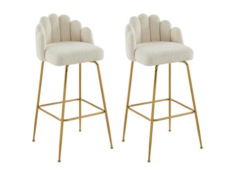 Lot de 2 tabourets de bar en tissu bouclette et métal doré Crème