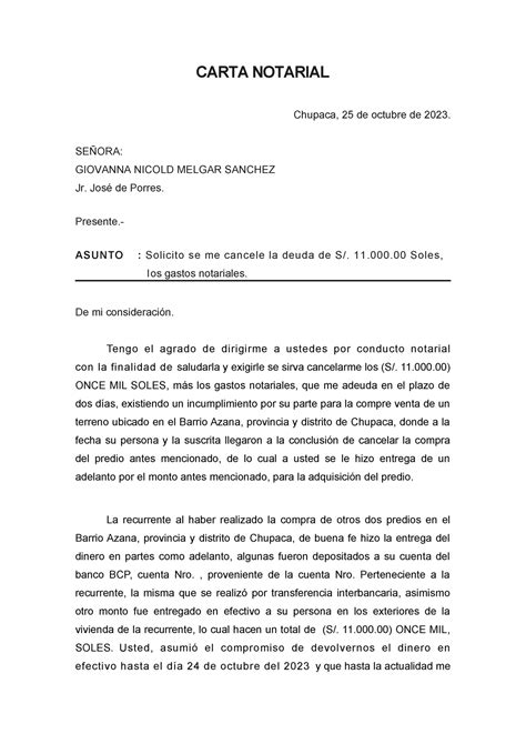 Carta Notarial P Carta Notarial Chupaca 25 De Octubre De 2023 SeÑora Giovanna Nicold Melgar