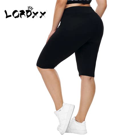 Lordxx Black Plus Size Leggings Fitness Knee Length Solid Color High