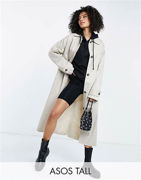 Asos Design Tall Longline Trench Coat In Stone Asos