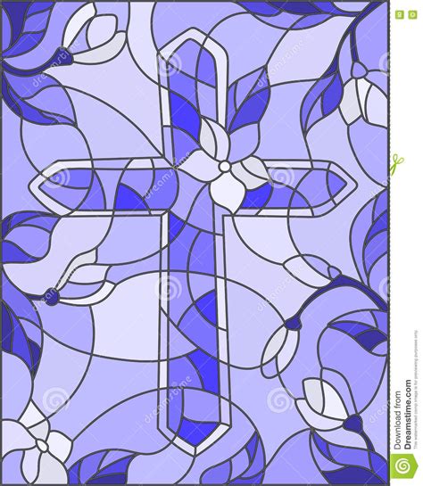 Illustration In The Style Of A Stained Glass Window With An Abstract Cross And Flowers The Blue