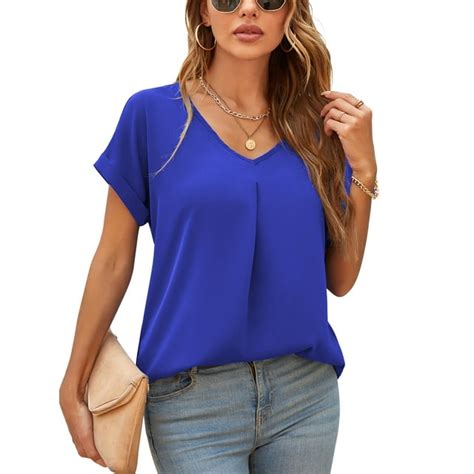 Uvplove Elegant V Neck Chiffon Blouses For Women Casual Summer Tops Shirts Short Sleeve