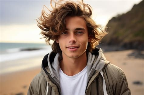 Young man standing at beach on windy day hair blowing in wind american recreation image ...