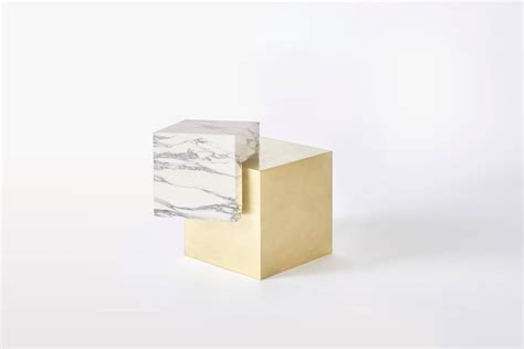 Coexist Askew Side Table In Statuary Marble With Brushed Brass Cube For