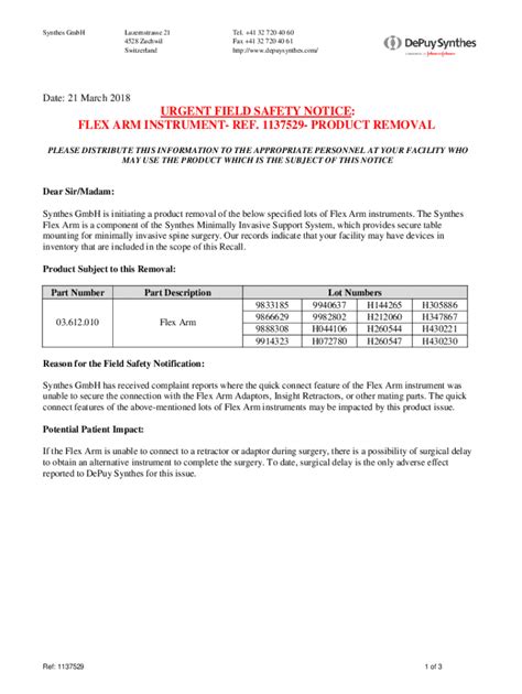 Fillable Online Urgent Field Safety Notice Flex Arm Instrument Ref