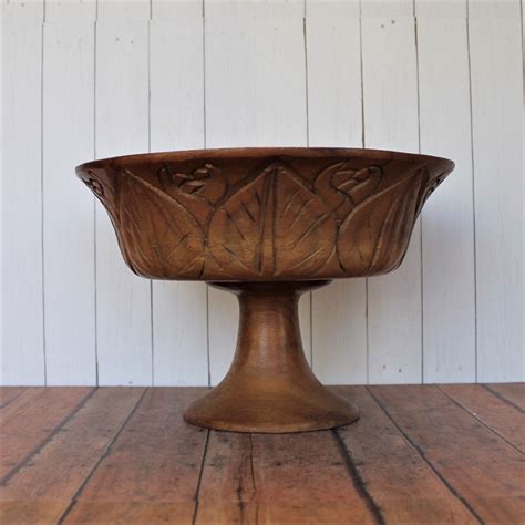 Vintage Wood Footed Pedestal Bowl With Carved Leaf Design Centerpiece