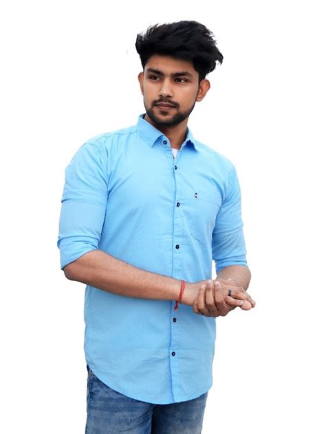 Men Sky Blue Plain Cotton Shirt Casual Full Sleeves At Rs 250 In New