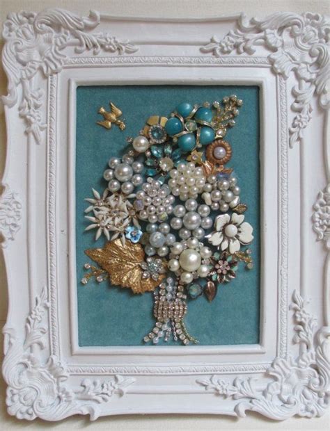 Jeweled Framed Jewelry Flower Bouquet Aqua Vintage Fabulous Etsy