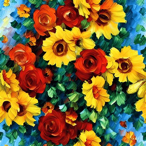 Beautiful Whimsical Art Nouveau Red Roses Yellow Sunflowers Flowers In