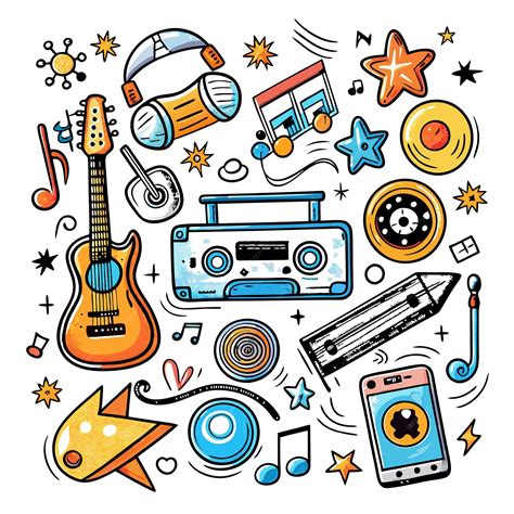 Colorful Doodle Illustration of Music and Tech Objects | Premium AI-generated vector