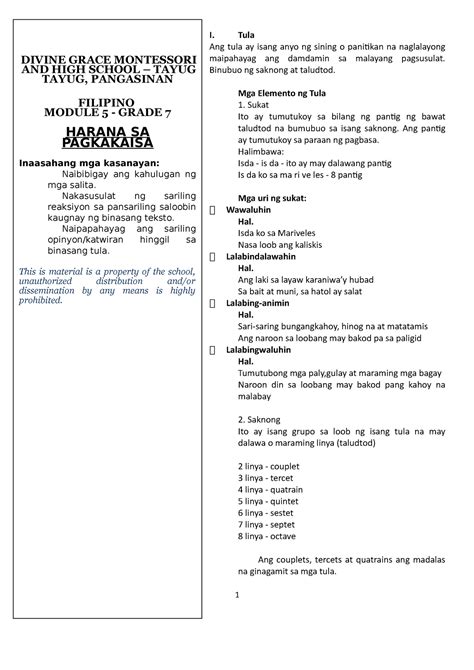 Grade 7 Module 5 Filipino I Tula Ang Tula Ay Isang Anyo Ng Sining O Panitikan Na Naglalayong