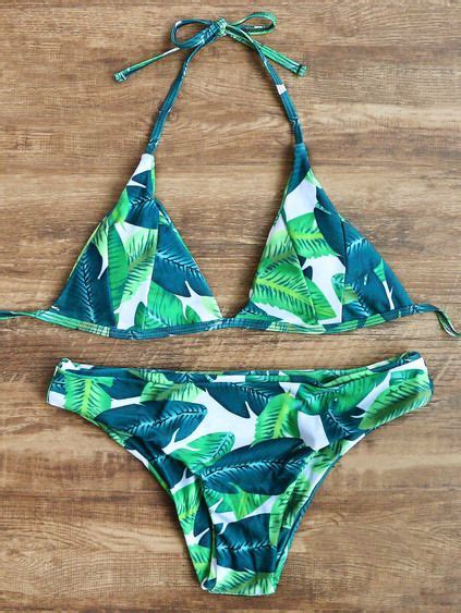 Palm Leaf Print Triangle Halter Top With Bikini Set Leaf Print Bikini